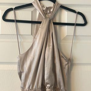 Skies Are Blue Silky Halter Wide Leg Jumpsuit in Champagne